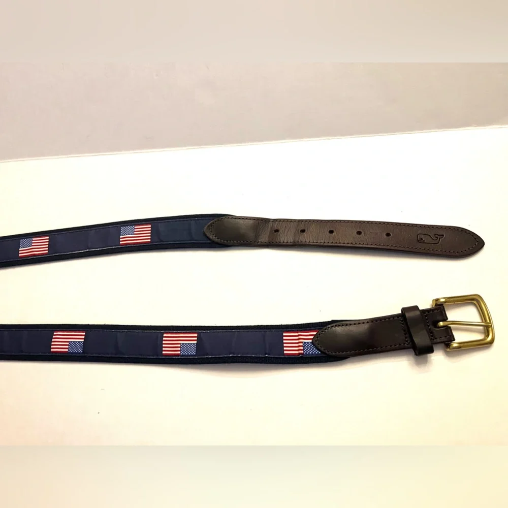 Vineyard Vines Men’s American Flag Canvas Solid Brass Buckle Club Leather Belt
